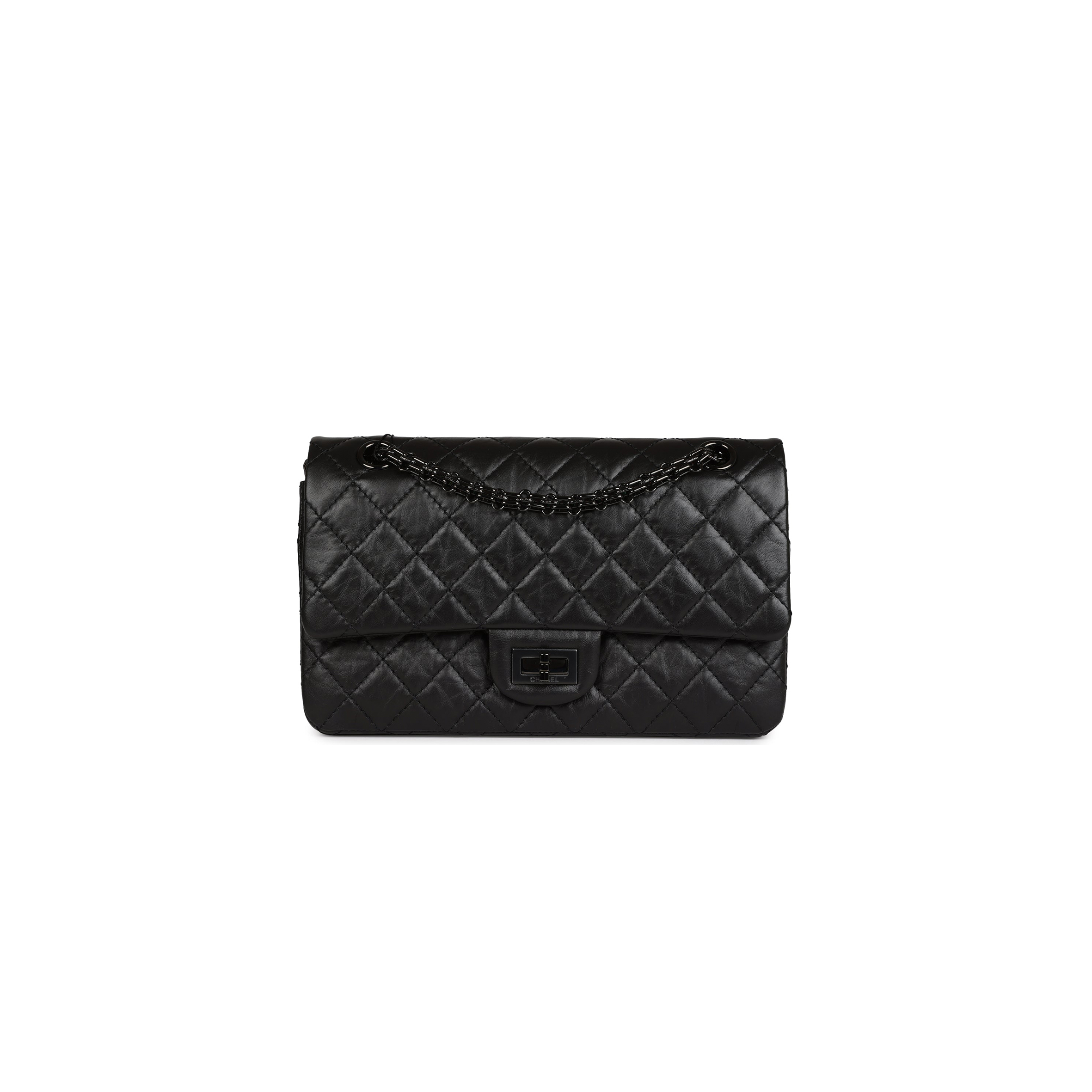 Ch*el master aged calfskin quilted 2.55 reissue flap so black a37587 (28*19.5*7.5cm)